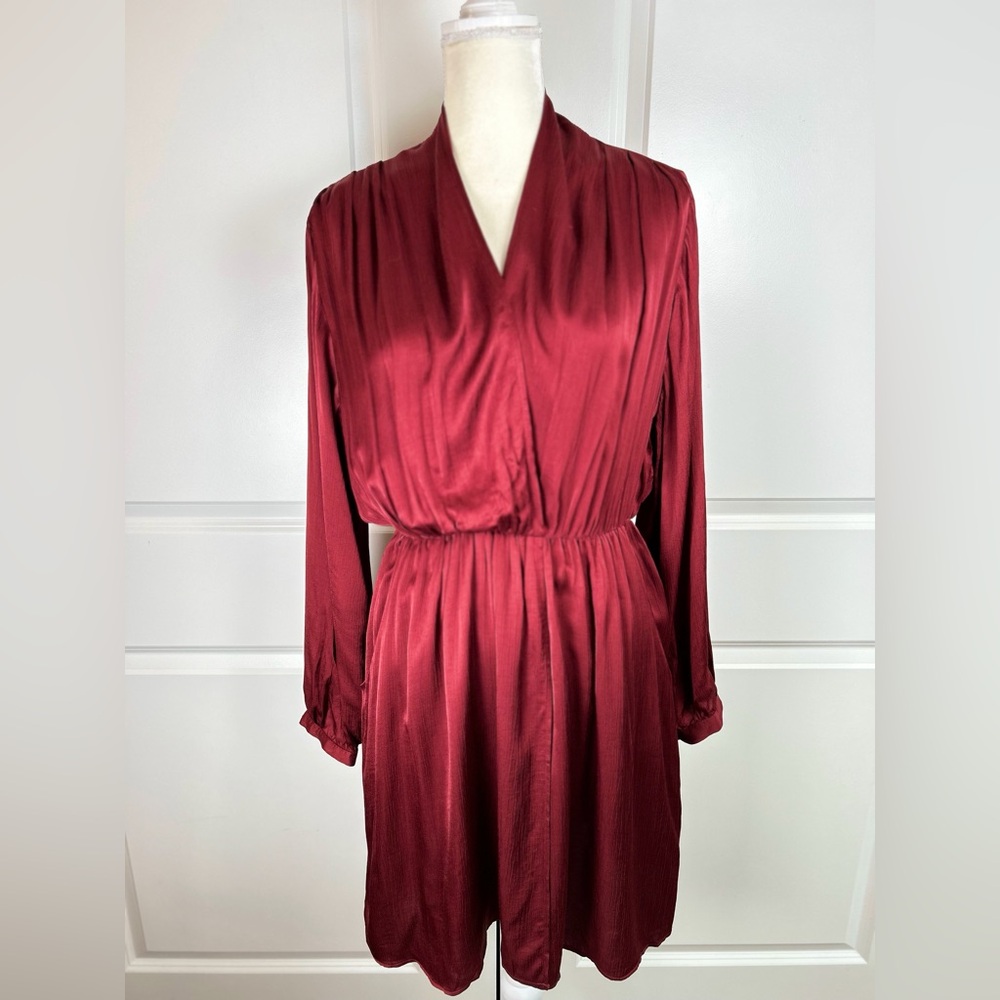 Mango MNG Satin Finish LS Sustainable Faux Wrap Mini Dress Burgundy Red